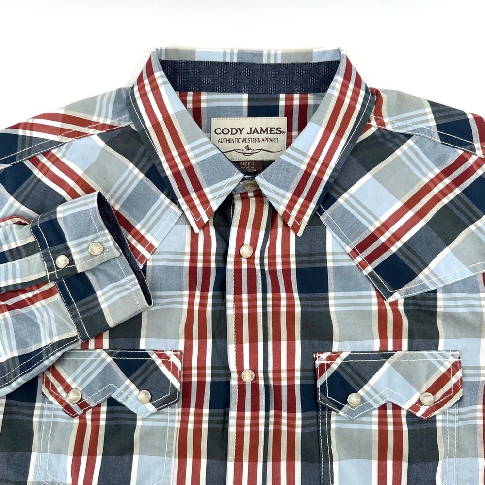Cody James Mens Large Plaid Western Snap Front Long Sleeve Shirt Red Blue Cotton